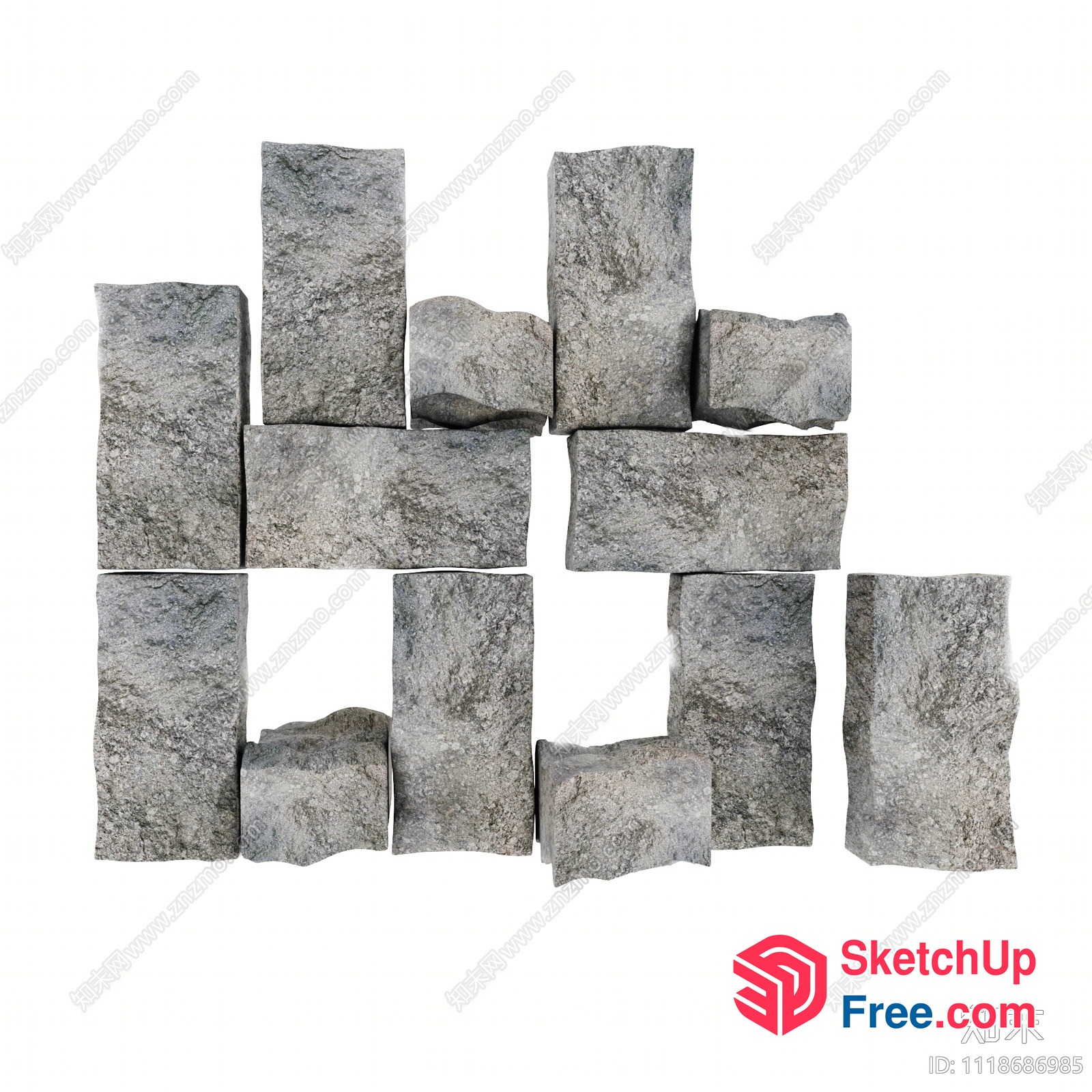 Rough Textured Grey Rectangular Stone Wall Tiles 3D SketchUp File