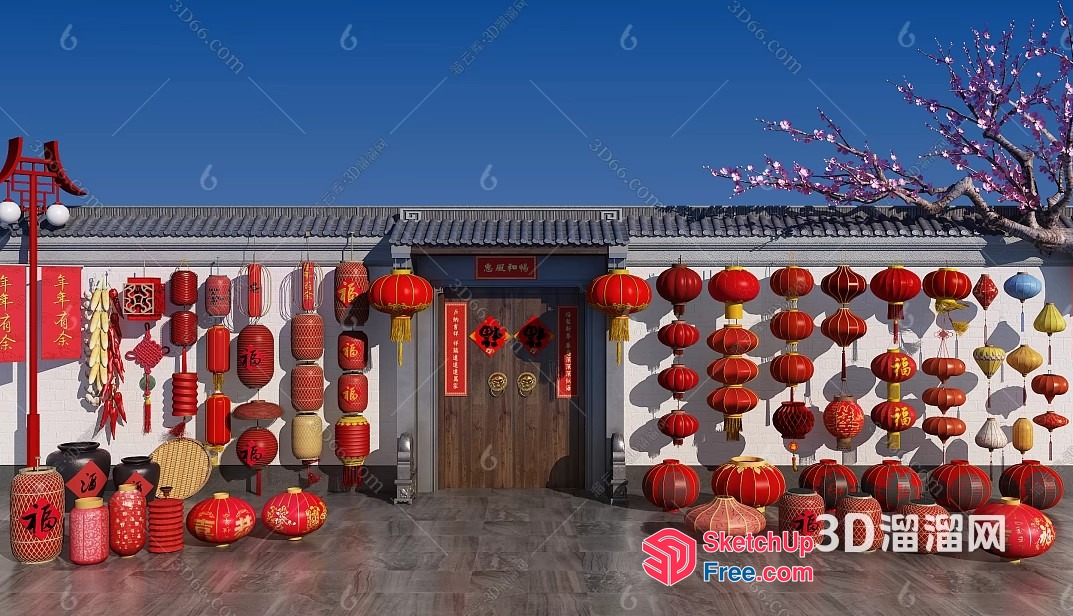 Traditional Chinese Lanterns Displayed On A Building 3D SketchUp File