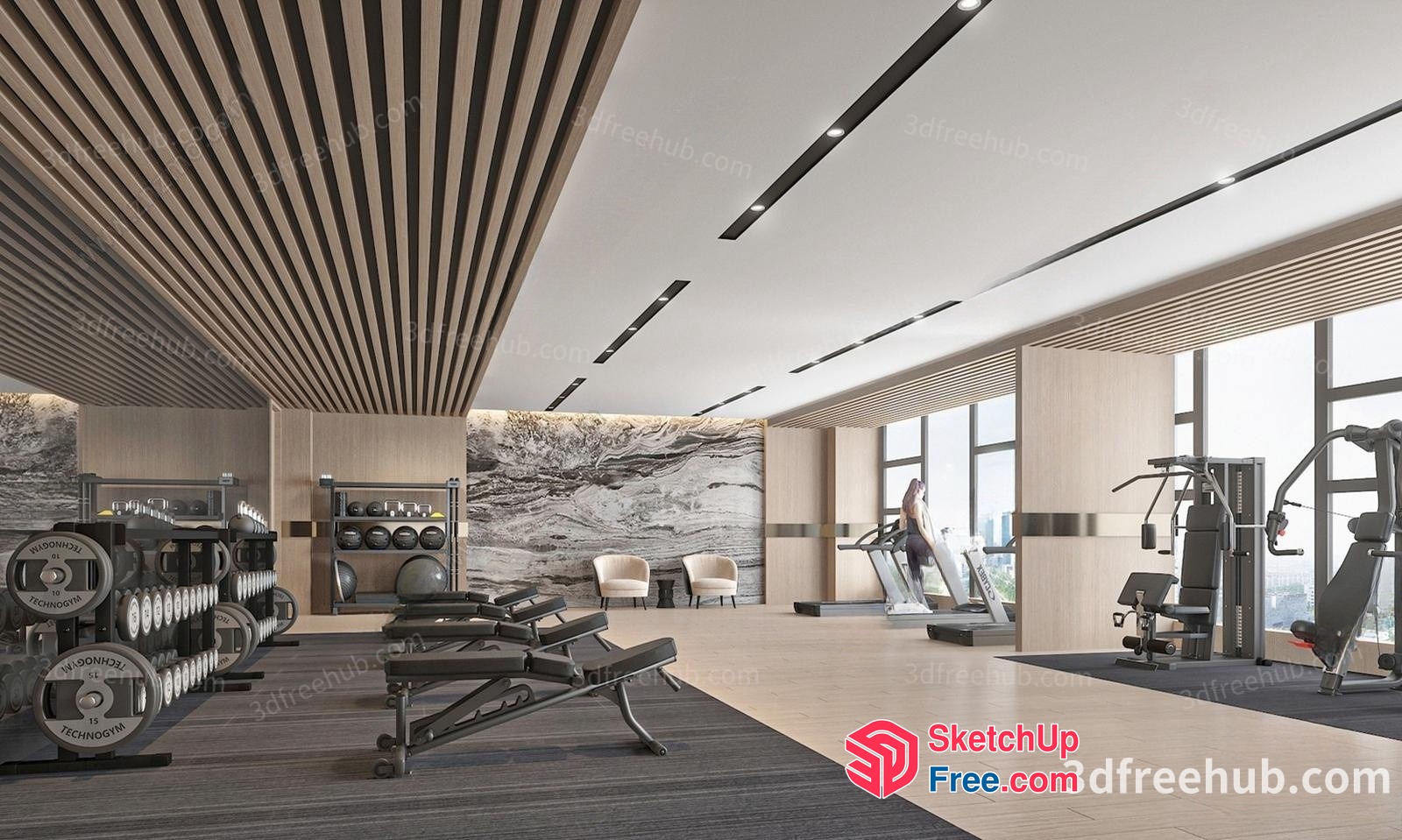 Modern Gym Interior With Exercise Equipment And Natural Light 3D SketchUp File