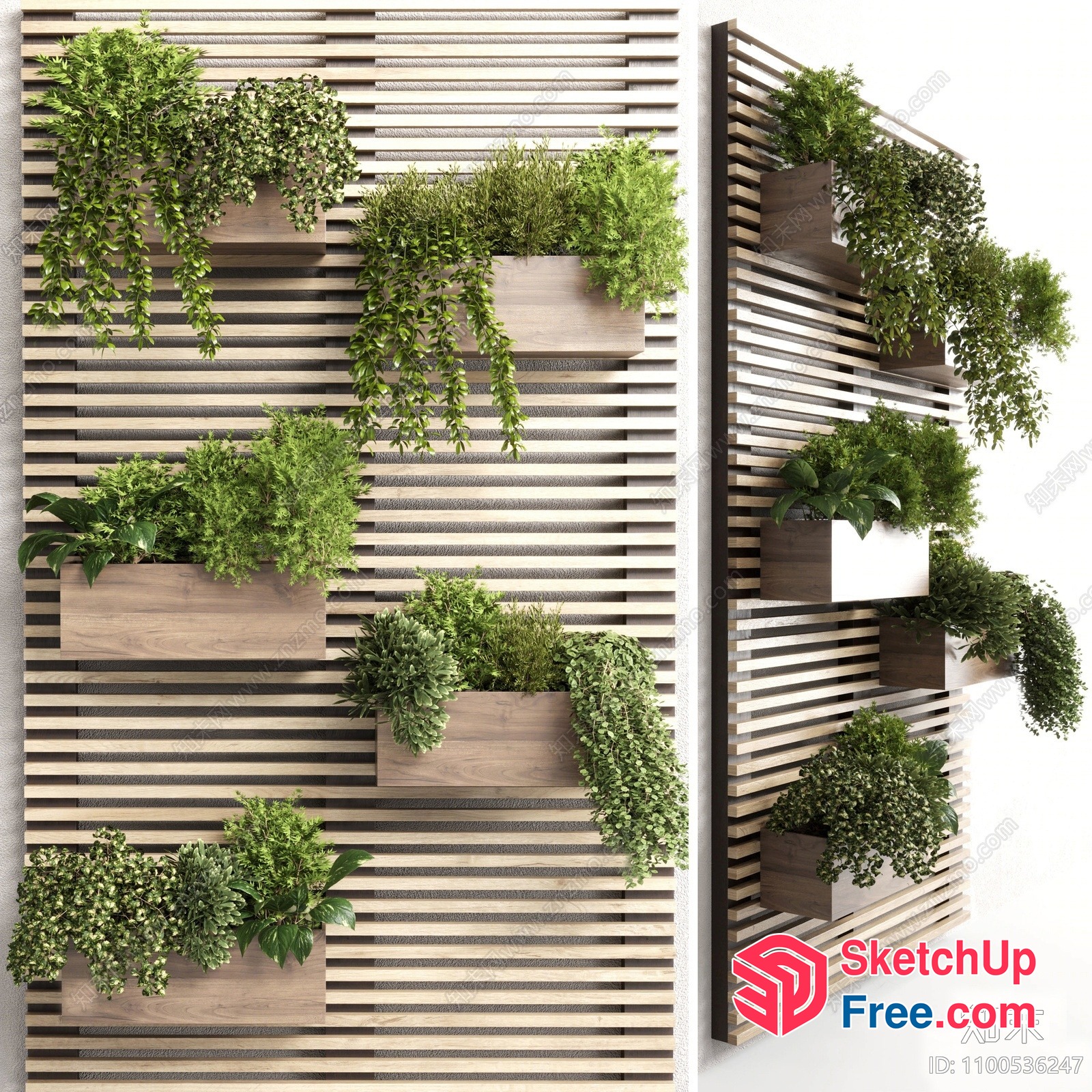 Modern Green Wall With Wooden Slats And Potted Plants 3D SketchUp File