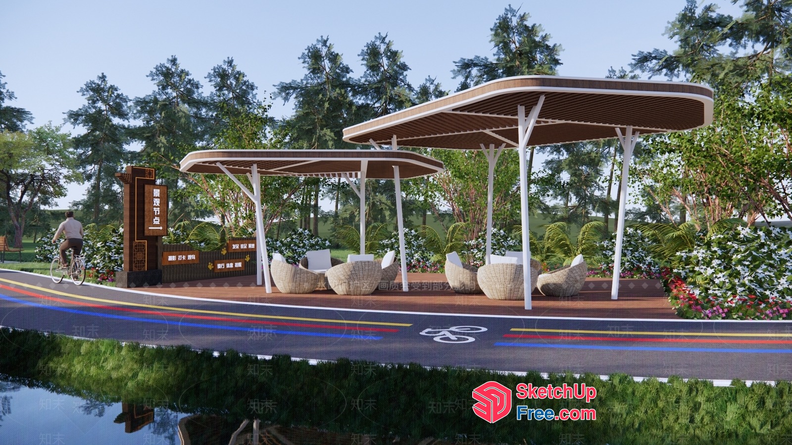 Outdoor Seating Area With Unique Canopies And Rattan Chairs 3D SketchUp File