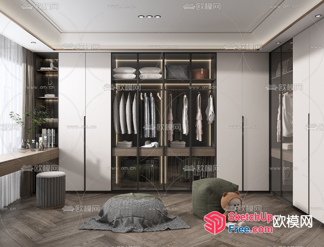 Modern Wardrobe With Glass Doors And Shelving 3D SketchUp File