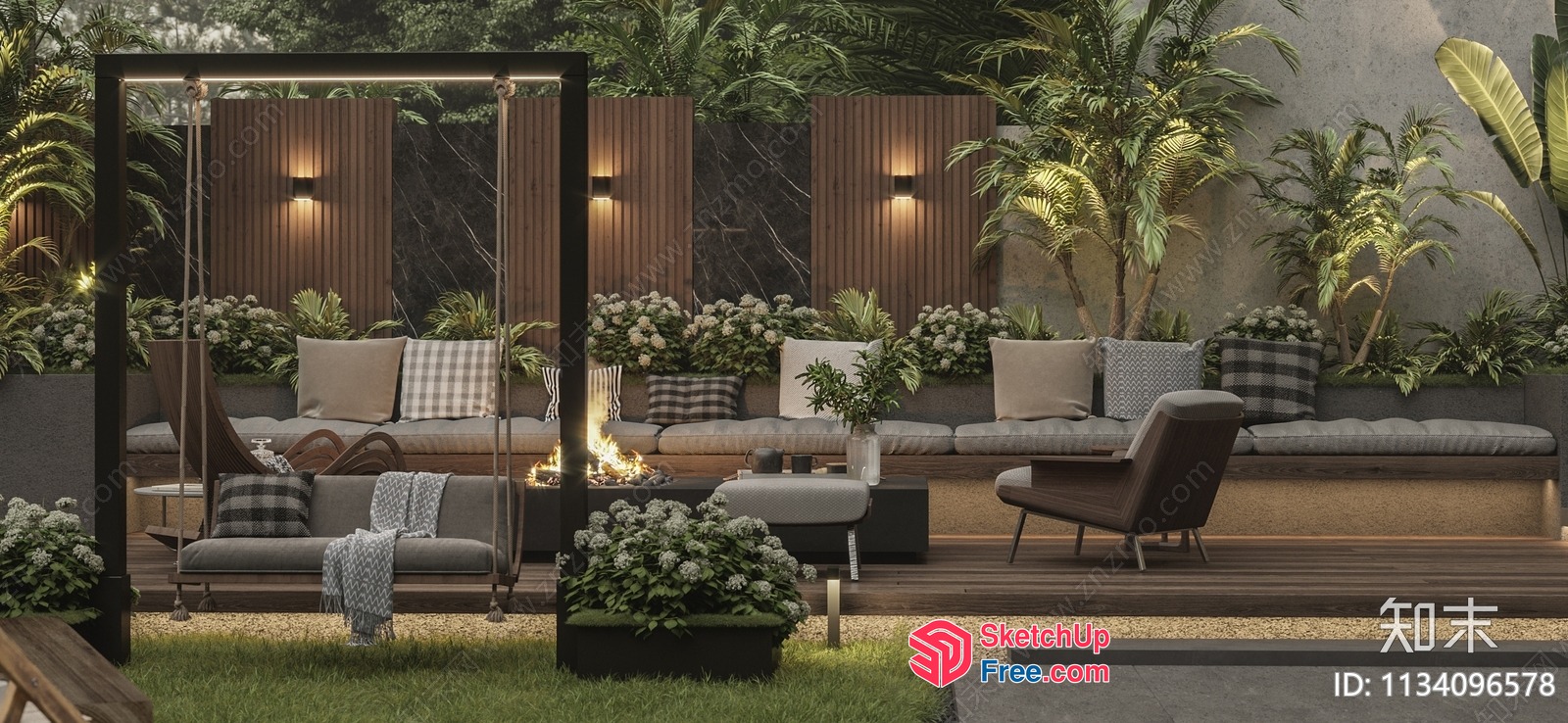 Elegant Outdoor Seating Area With Fireplace And Potted Plants 3D SketchUp File