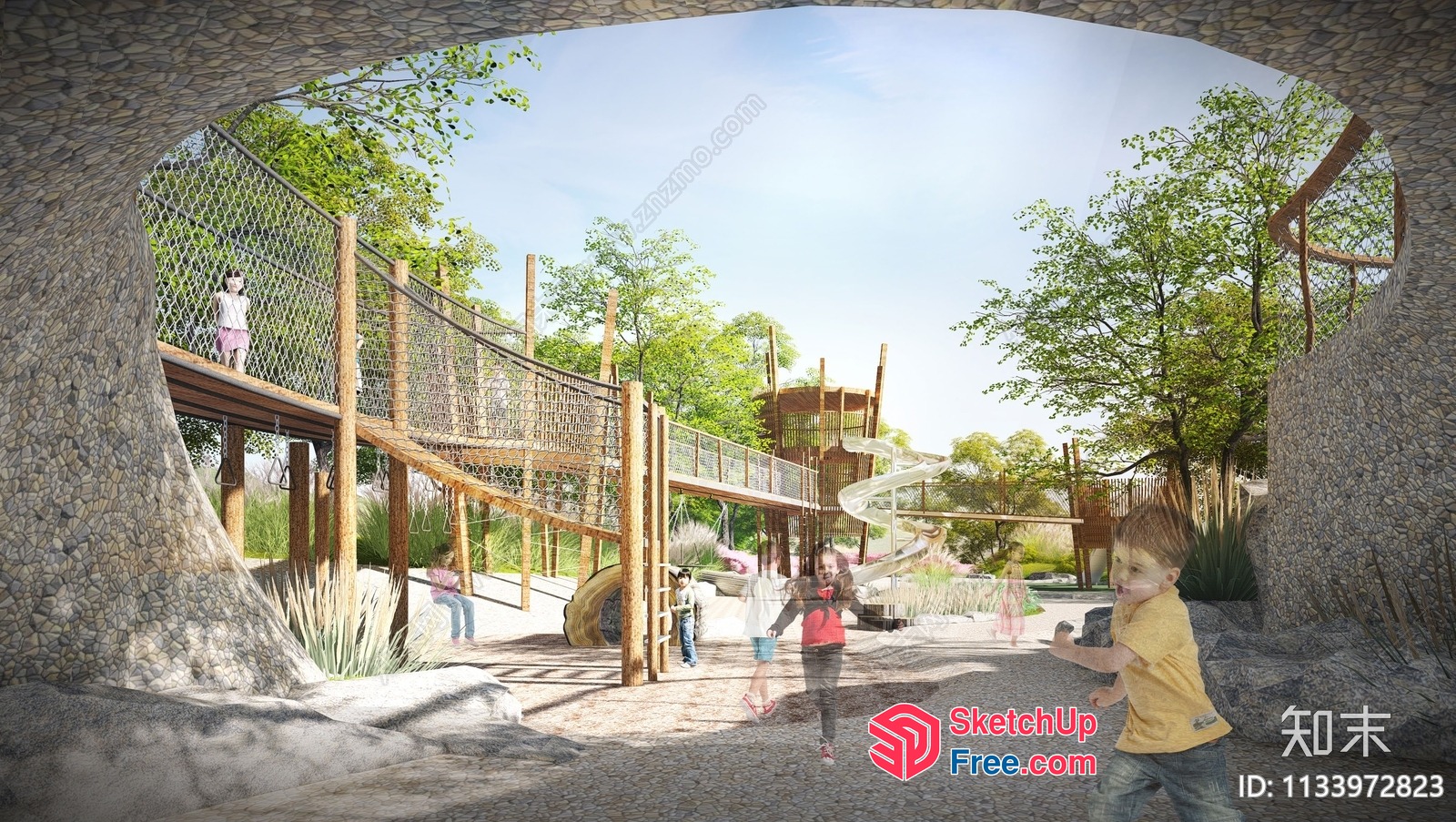 Children Playing In A Park With A Bridge And Trees 3D SketchUp File
