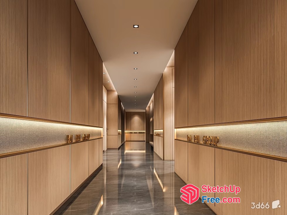 Modern Wood Panelled Hallway With Gold Accents 3D SketchUp File