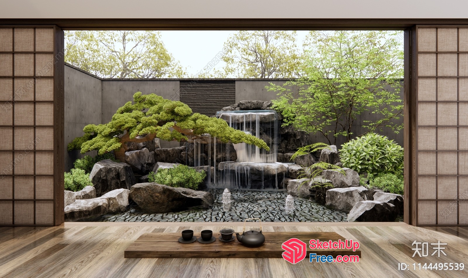 Serene Japanese-Inspired Waterfall Garden Interior 3D SketchUp File