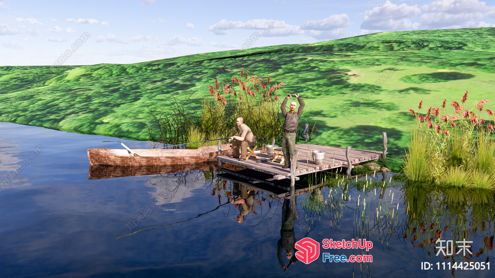 Serene Lake Scene With Wooden Dock And Statues 3D SketchUp File