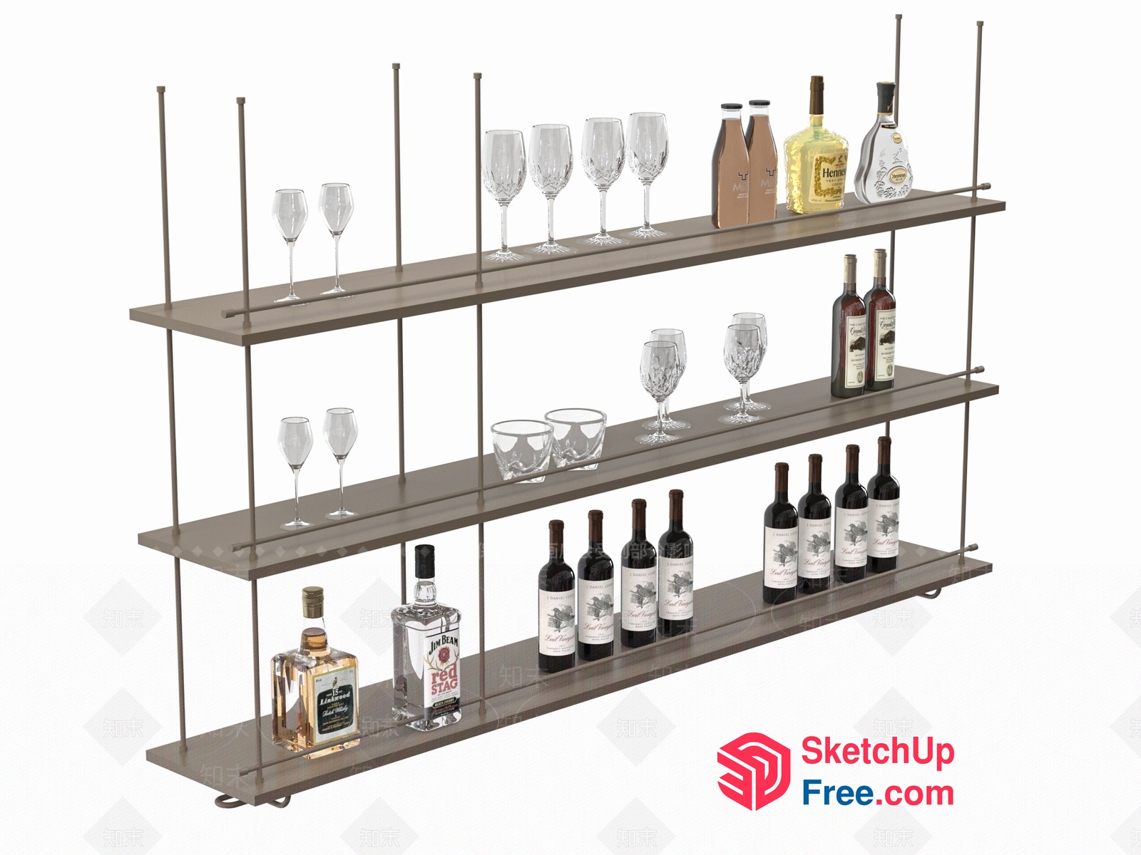 Modern Wine Display With Glassware And Liquor 3D SketchUp File