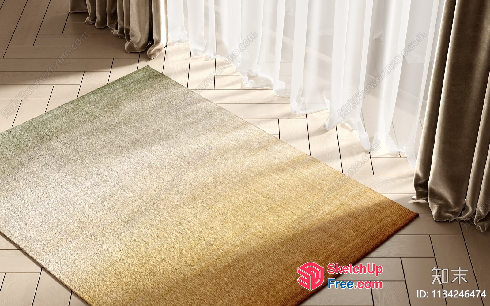 Elegant Wood-Grained Floor And Curtain Setting 3D SketchUp File