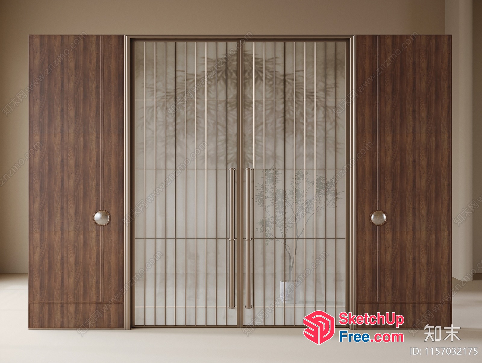 Large Wooden Door With Glass Panel And Silver Handles 3D SketchUp File