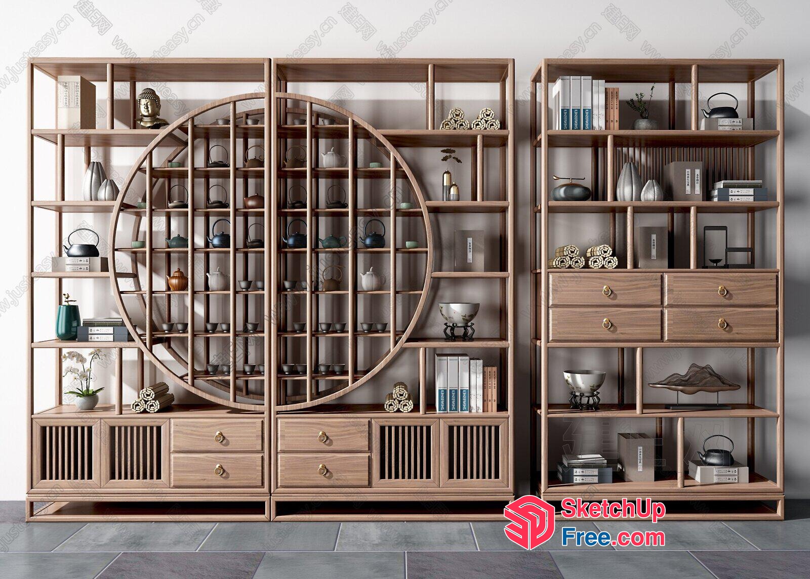 Asian-Inspired Wooden Shelving Unit With Ornate Details 3D SketchUp File