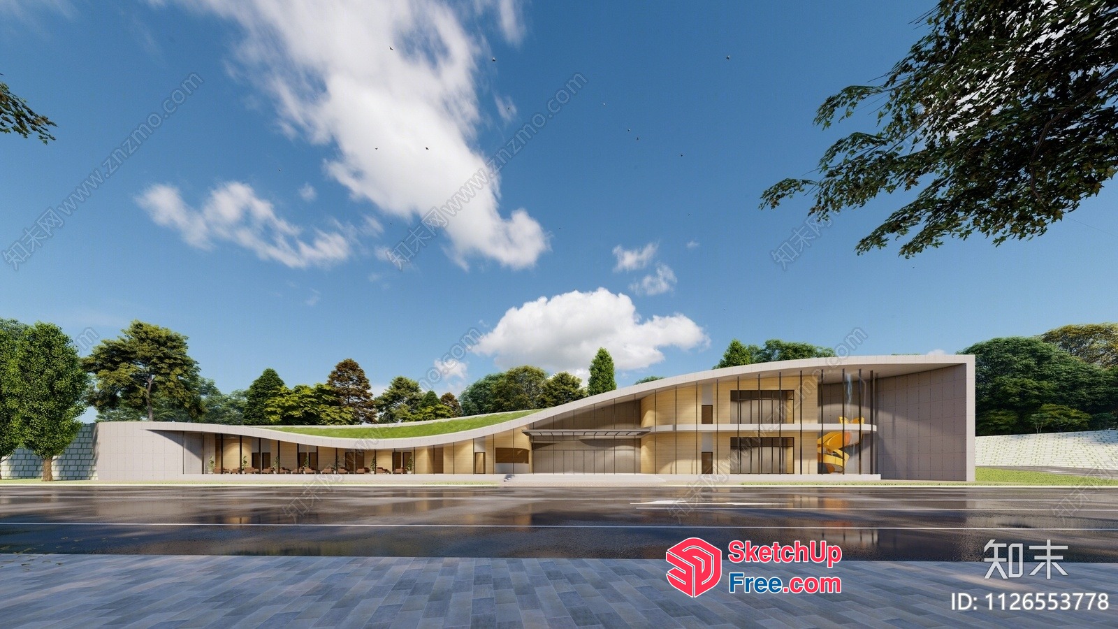Modern Exterior Building Design With Curved Roof 3D SketchUp File