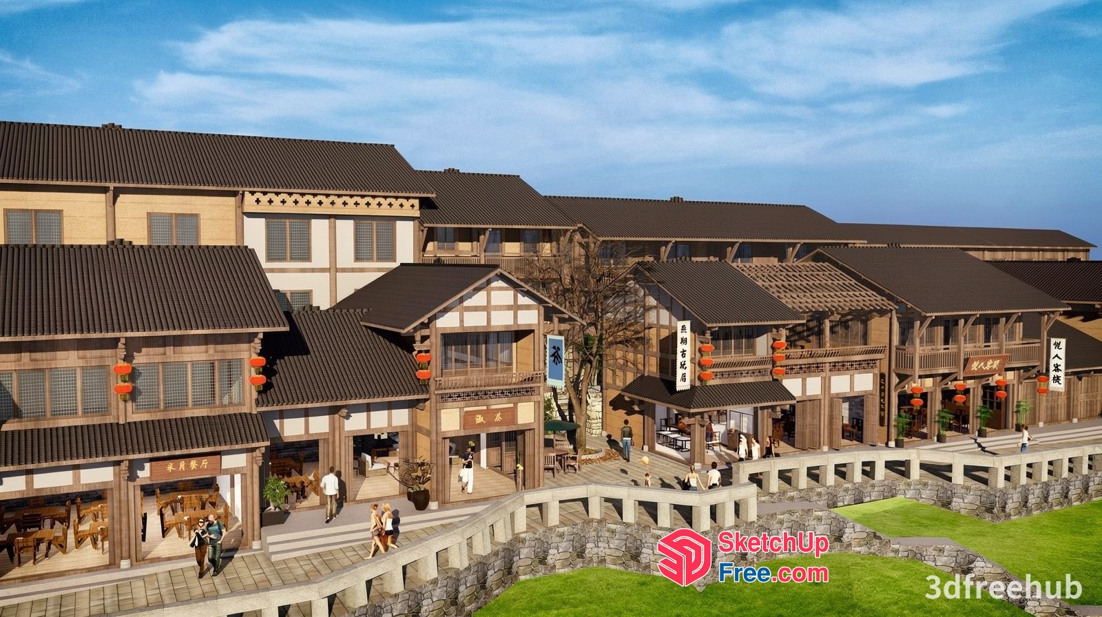 Asian-Style Commercial Street With Traditional Architecture 3D SketchUp File