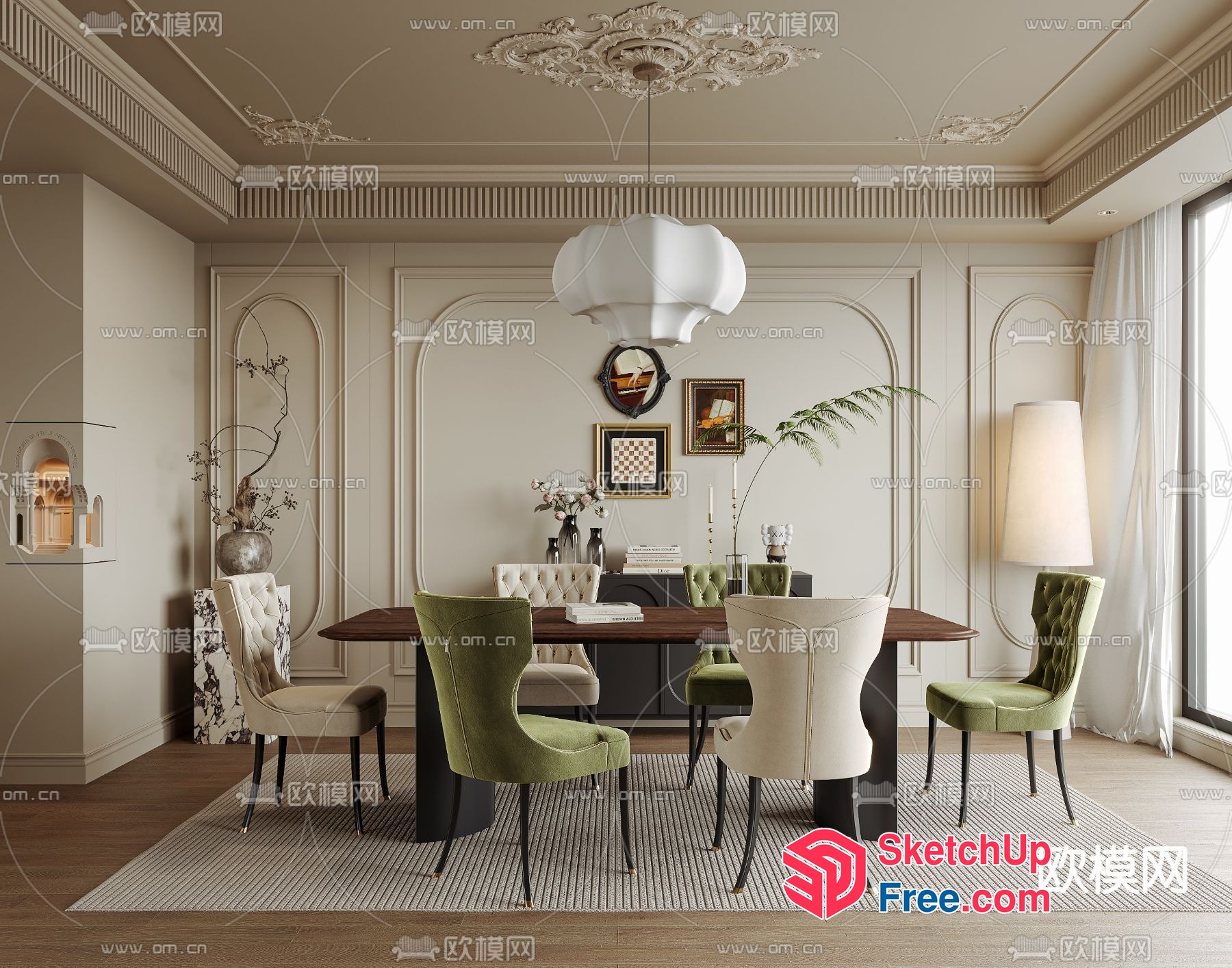 Elegant Dining Room With Creamy Style And Classic Moulding 3D SketchUp File