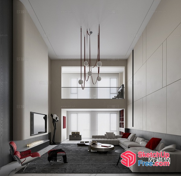 Modern Minimalist Living Room With High Ceiling And Large Windows 3D SketchUp File