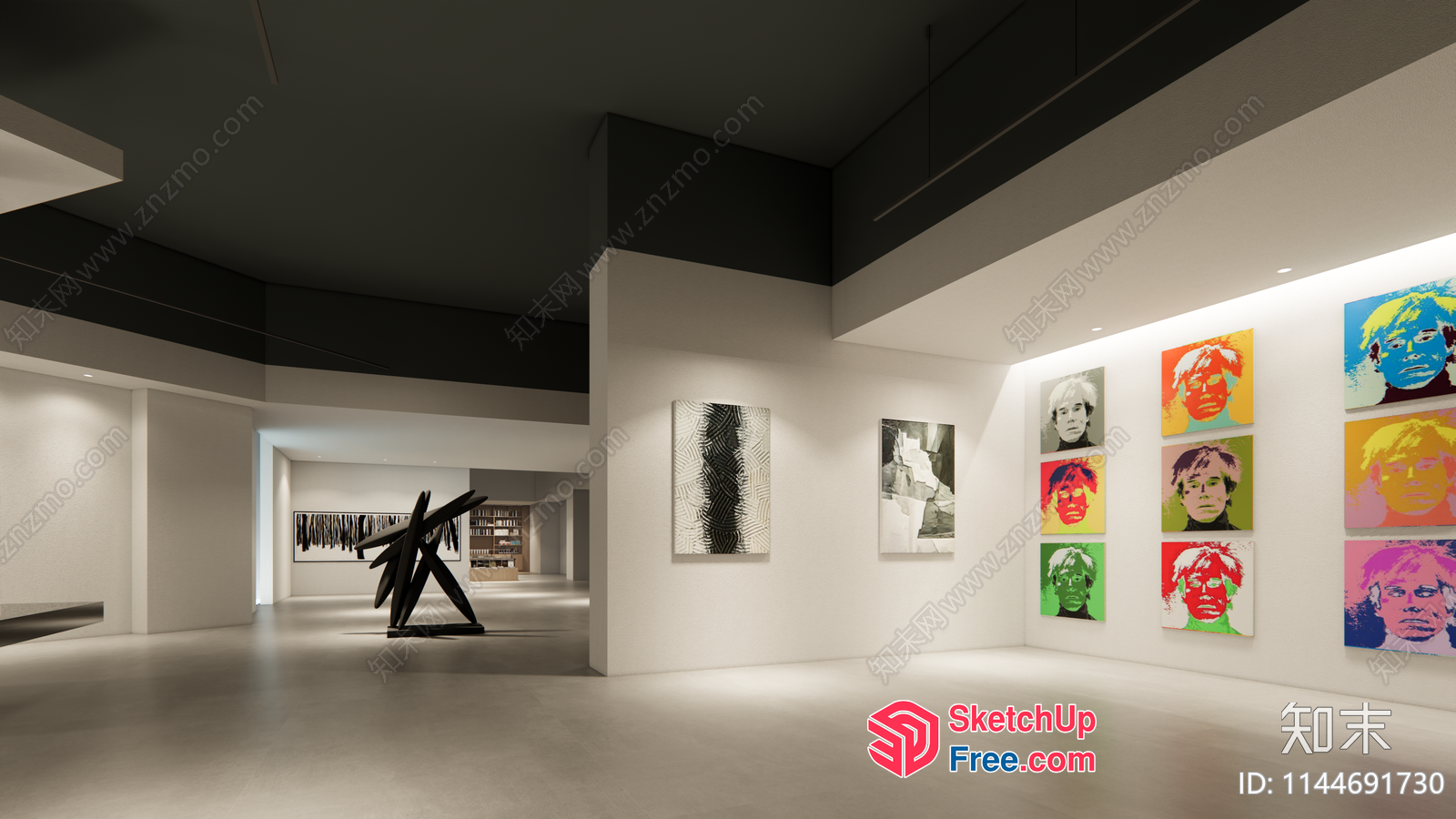 Modern Art Gallery With Contemporary Artworks And Minimalist Interior 3D SketchUp File