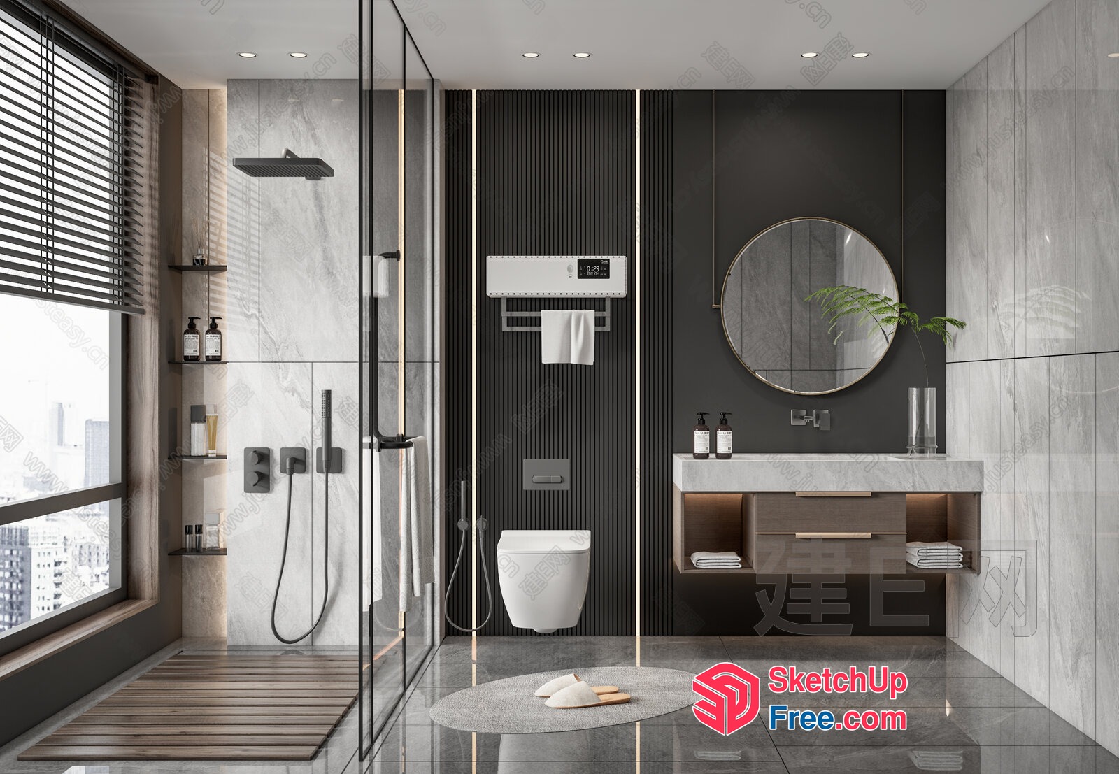 Modern Bathroom With Glass Shower And White Fixtures 3D SketchUp File
