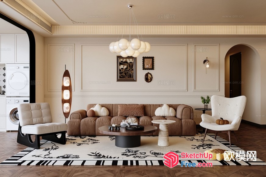 Vintage-Style Living Room With Creamy And White Decor 3D SketchUp File