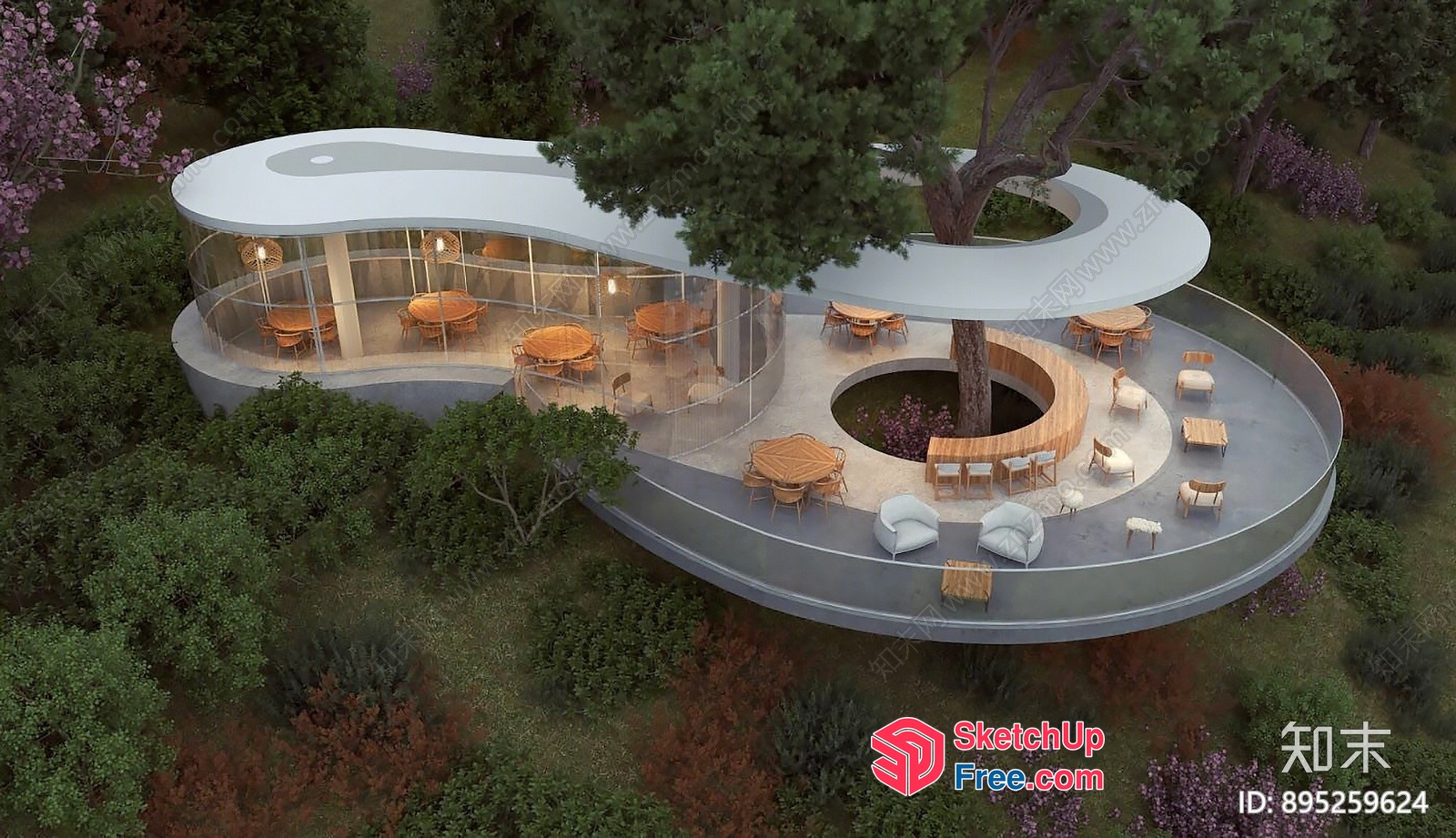 Modern Curved Building With Outdoor Seating Area 3D SketchUp File