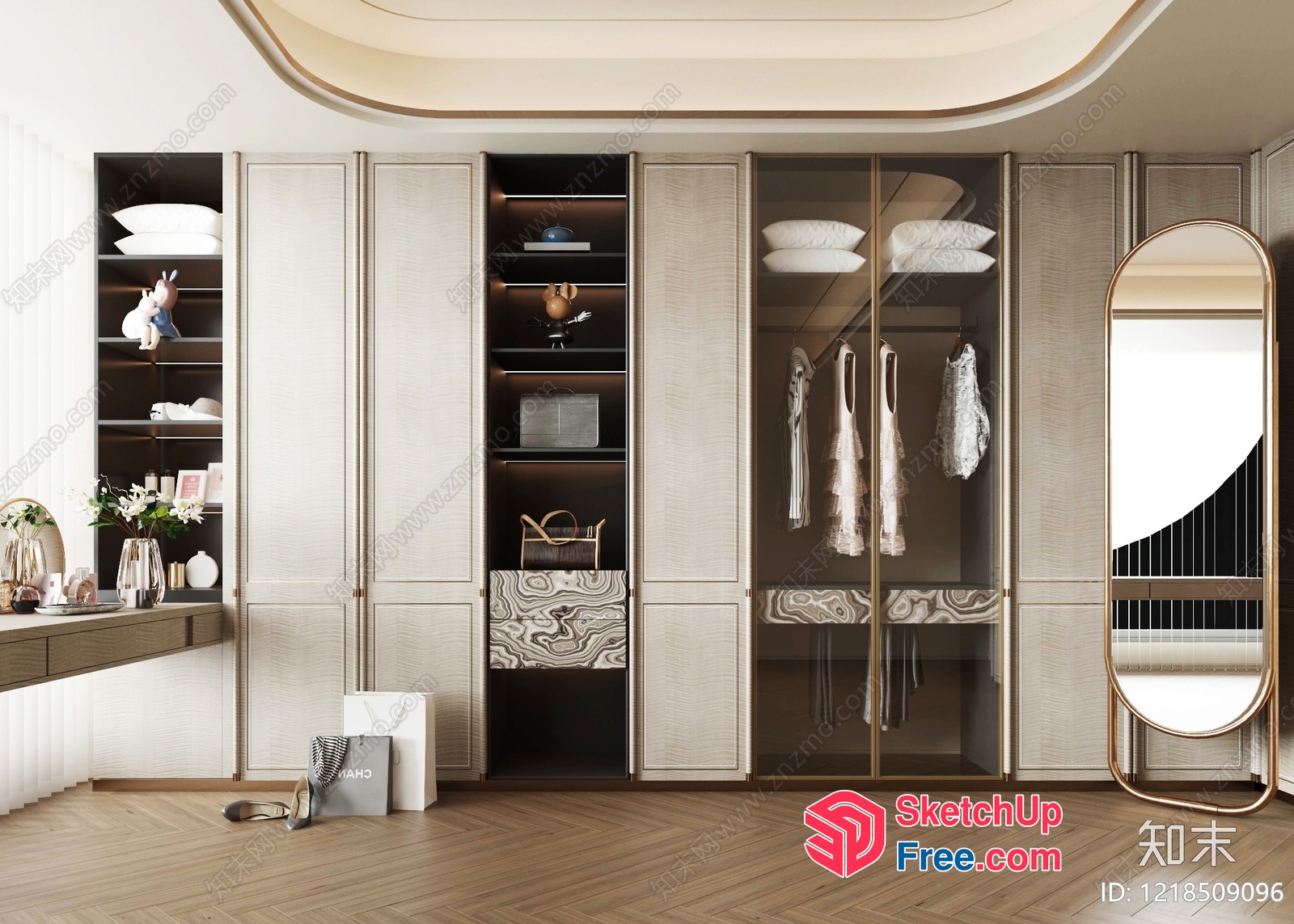 Elegant Creamy Style Wardrobe With Glass Curtain Wall 3D SketchUp File