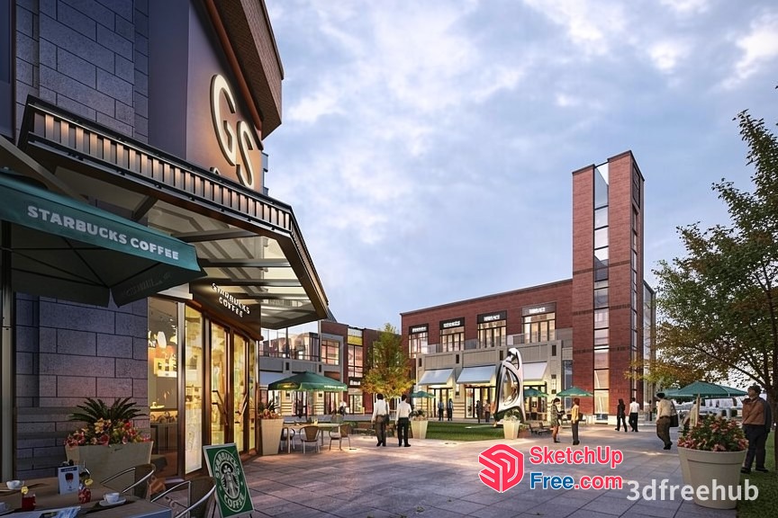 Commercial Street With Starbucks Coffee Shop 3D SketchUp File