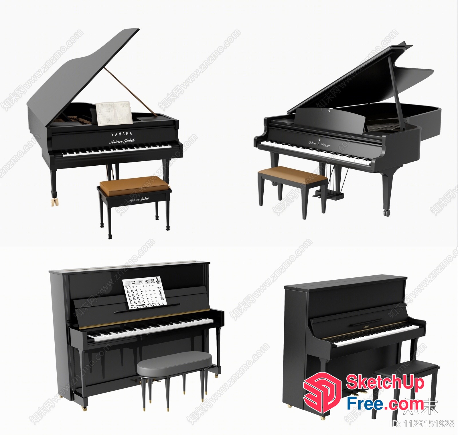 Pianos And Benches In Various Styles 3D SketchUp File
