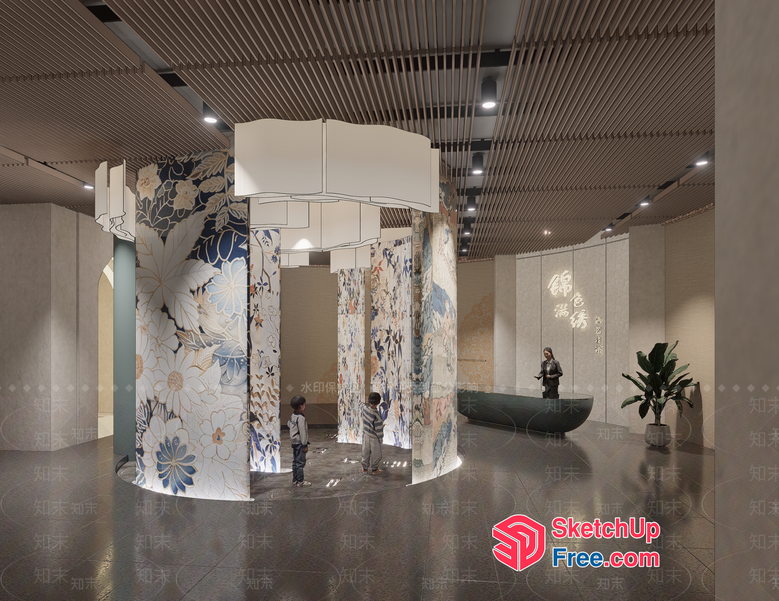 Elegant Pillars With Floral Design And Children Playing 3D SketchUp File