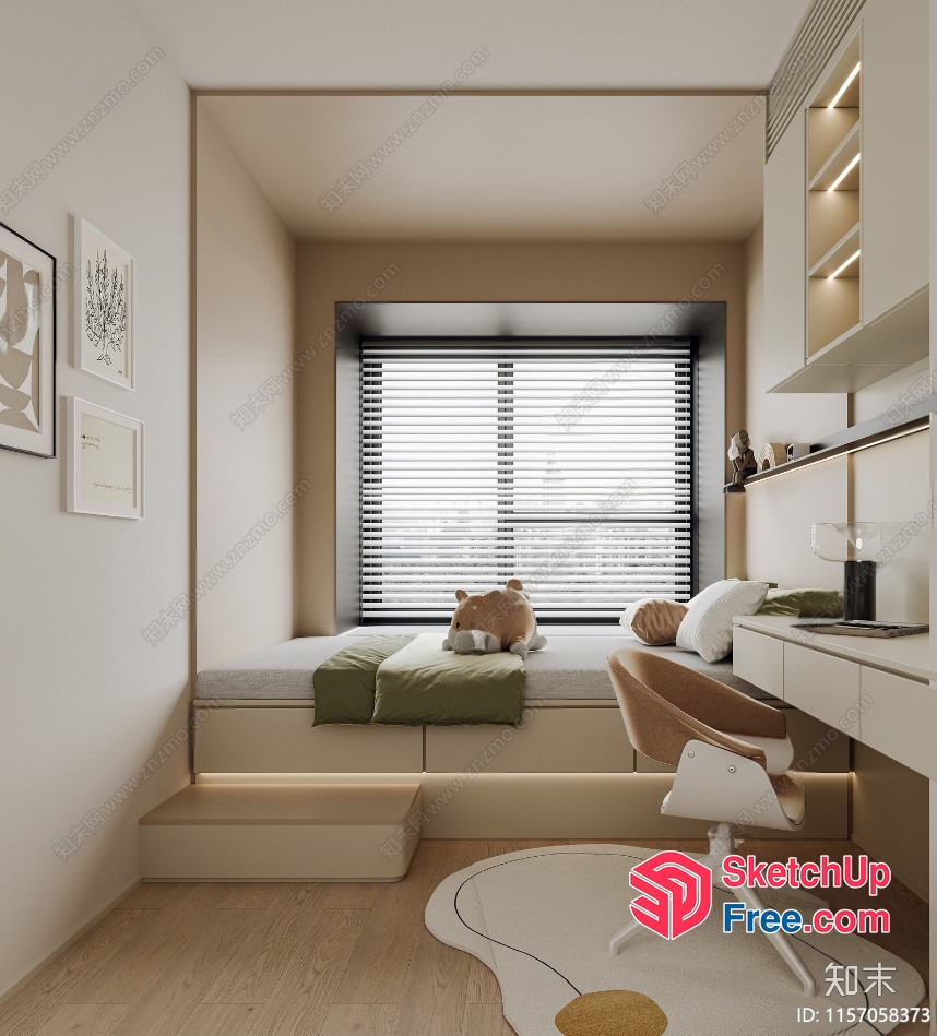 Minimalist Scandinavian Style Bedroom With Built-In Bed And Window 3D SketchUp File