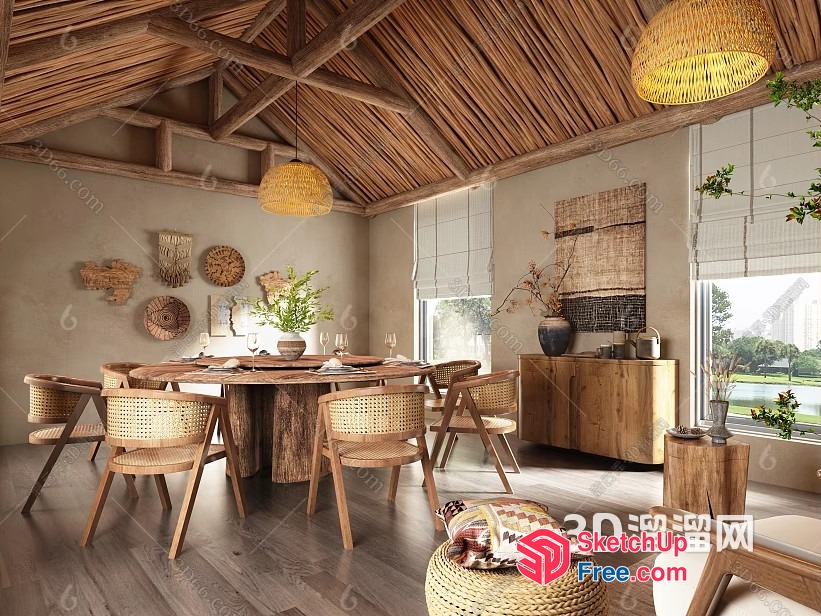Modern Rustic Dining Room With Natural Wood Accents 3D SketchUp File