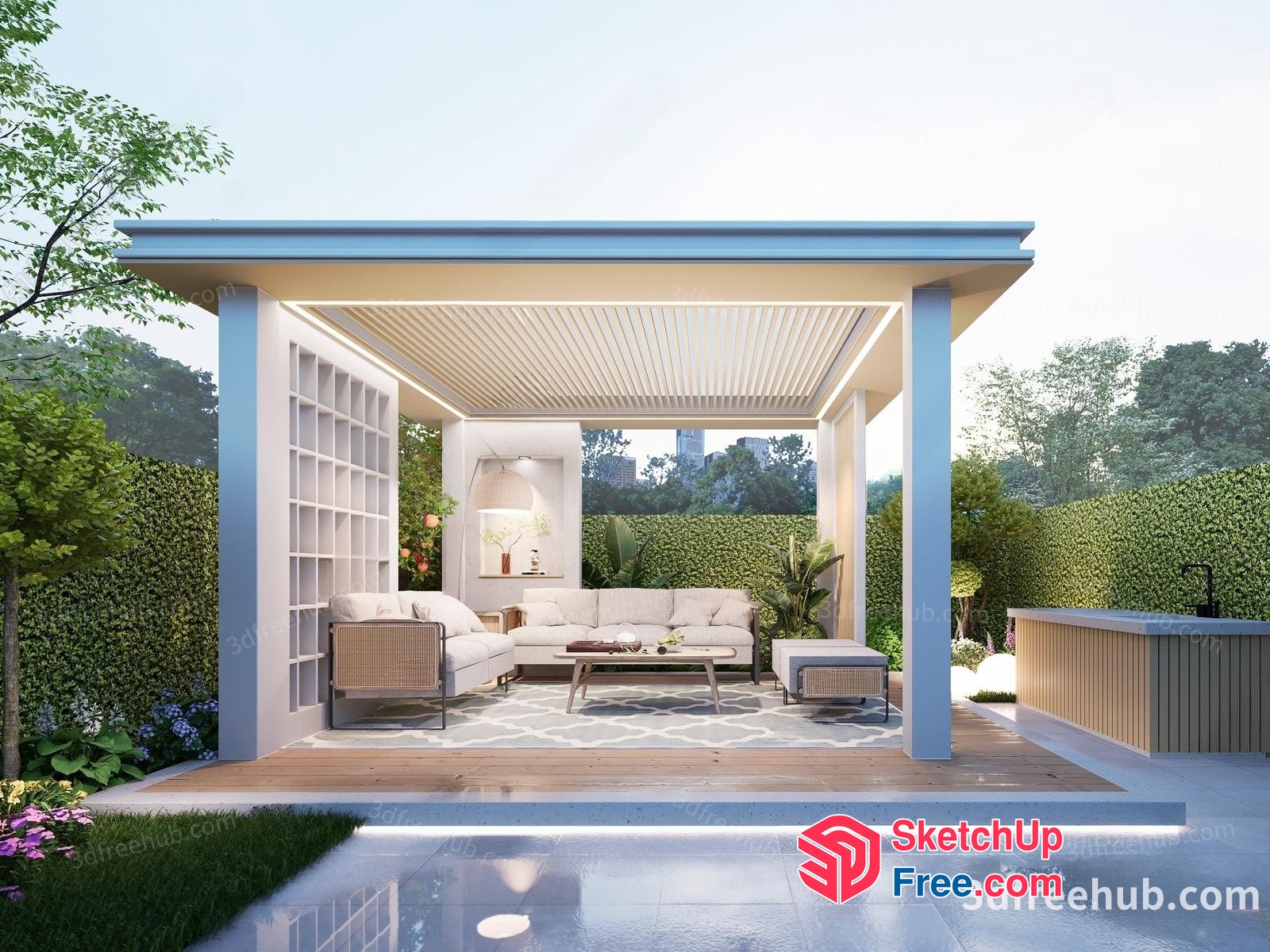 Elegant Outdoor Living Space With Modern Furniture And Greenery 3D SketchUp File