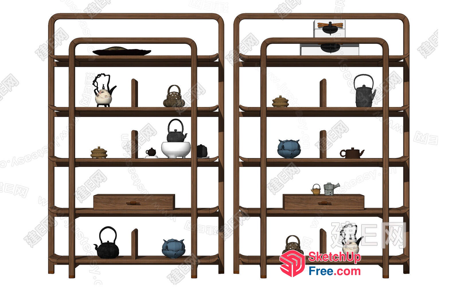 Elegant Wooden Shelving Unit With Teapots 3D SketchUp File