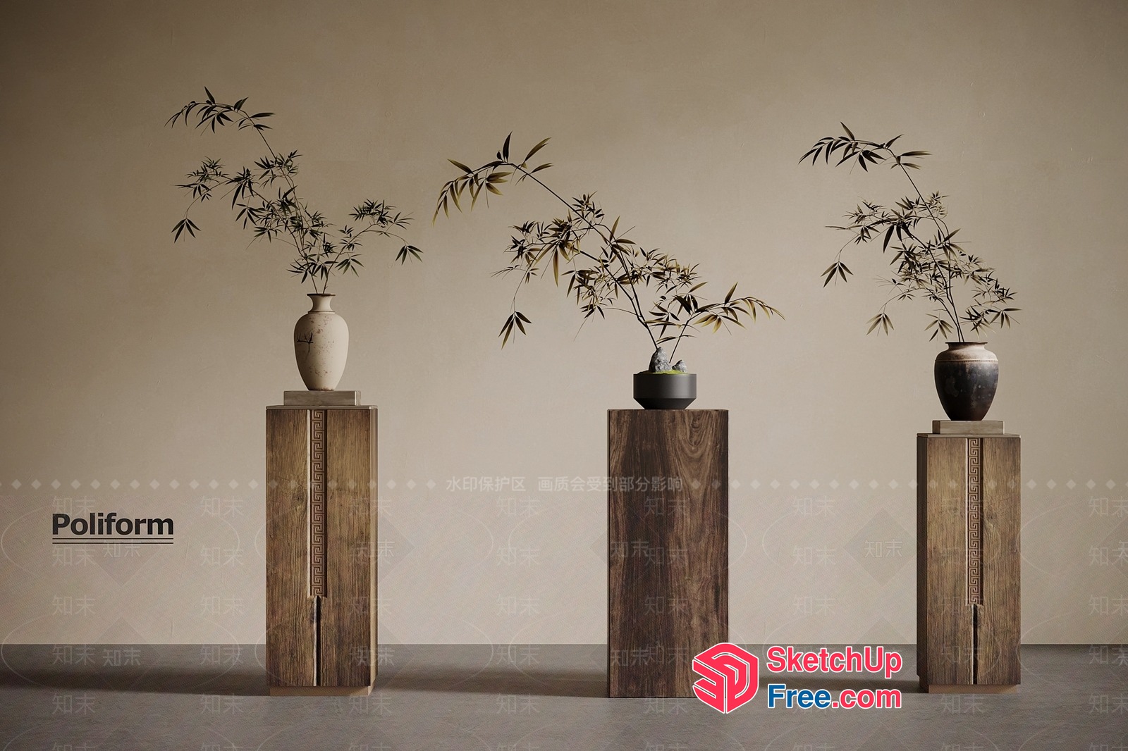 Wooden Pillars With Decorative Vases And Plants 3D SketchUp File