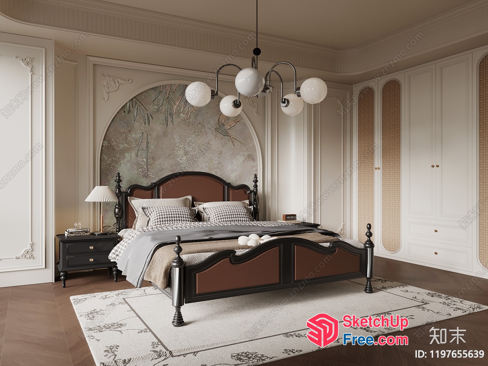 Elegant Bedroom With Ornate Headboard And Chandelier 3D SketchUp File