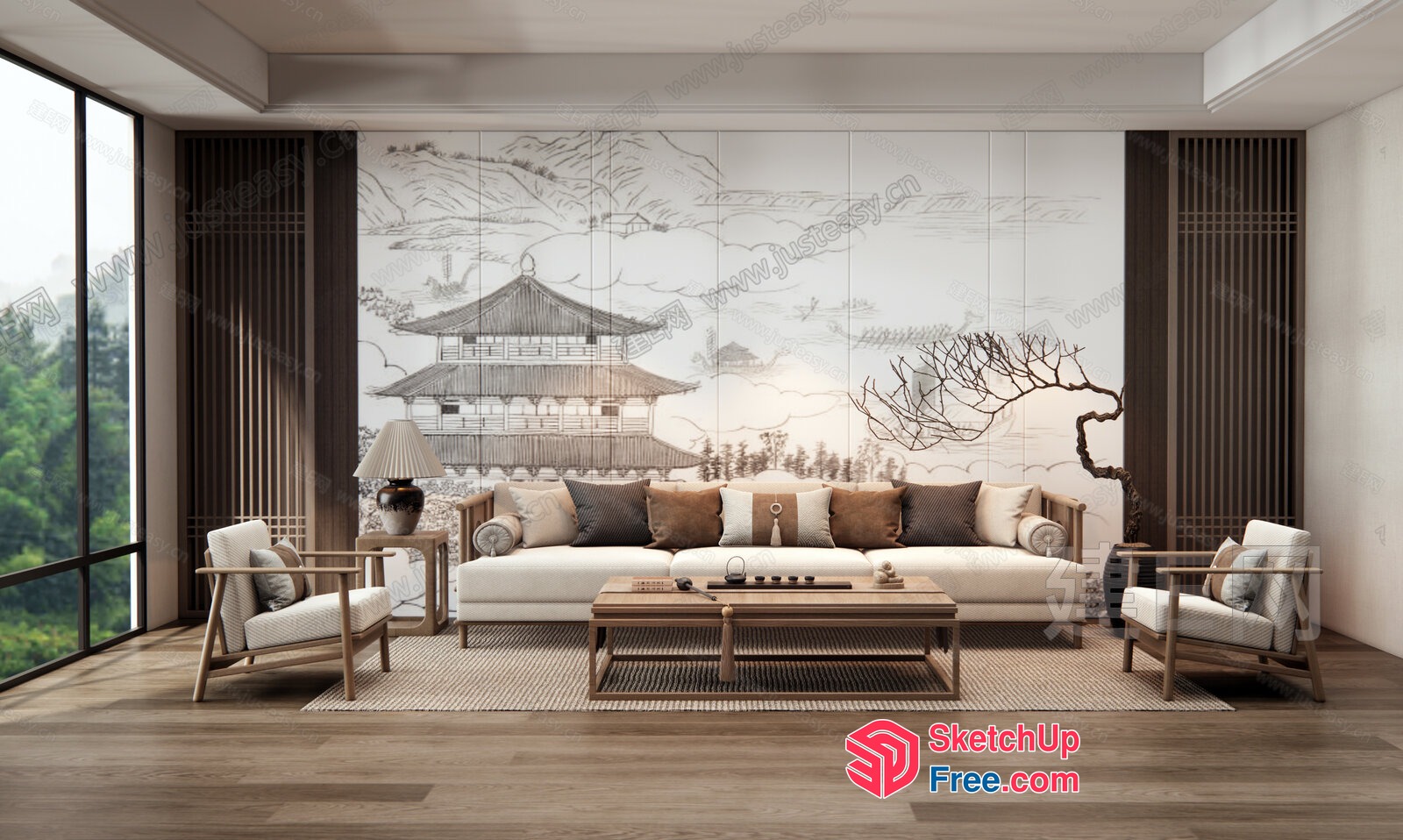 Traditional Japanese-Inspired Living Room With Natural Wood Accents 3D SketchUp File