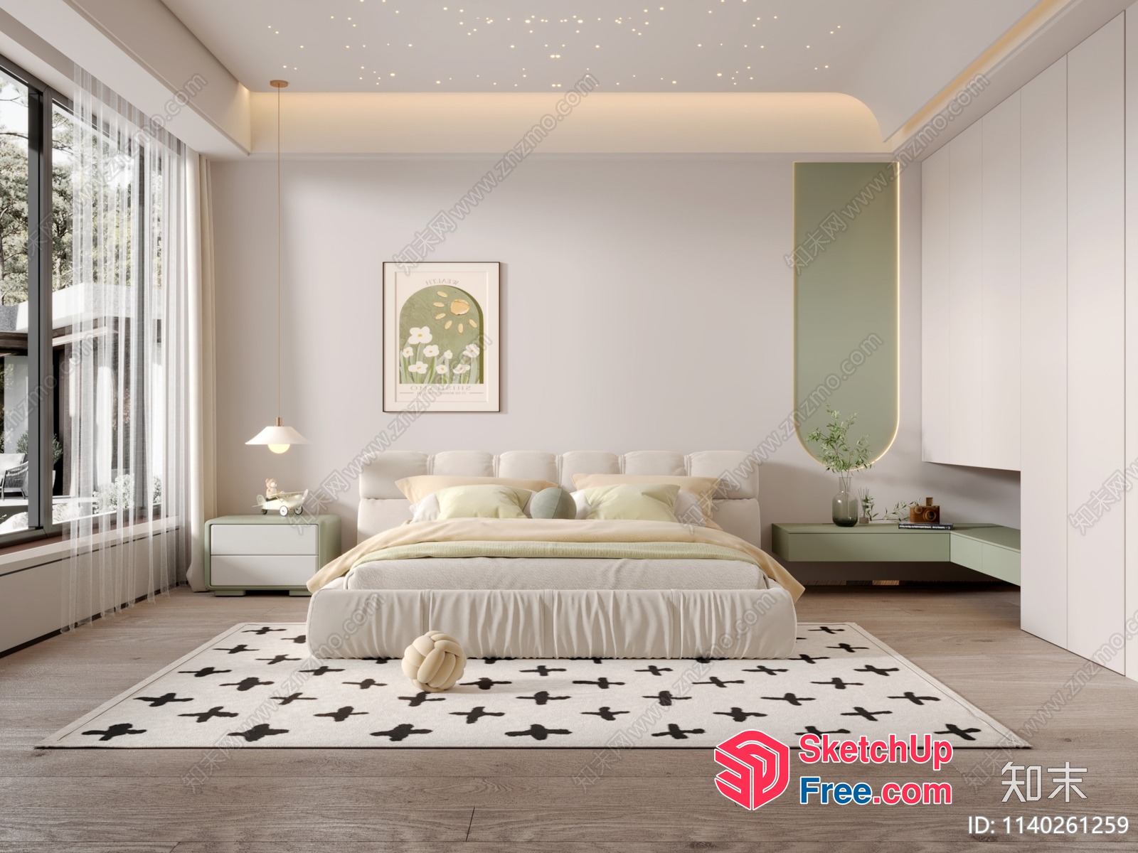 Elegant Minimalist Bedroom With Creamy Style And Scandinavian Decor 3D SketchUp File