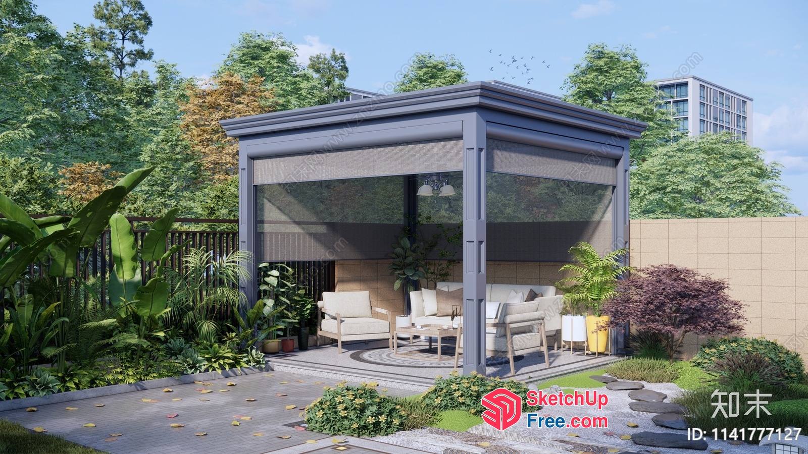 Outdoor Living Space With Glass Wall And Pillars 3D SketchUp File
