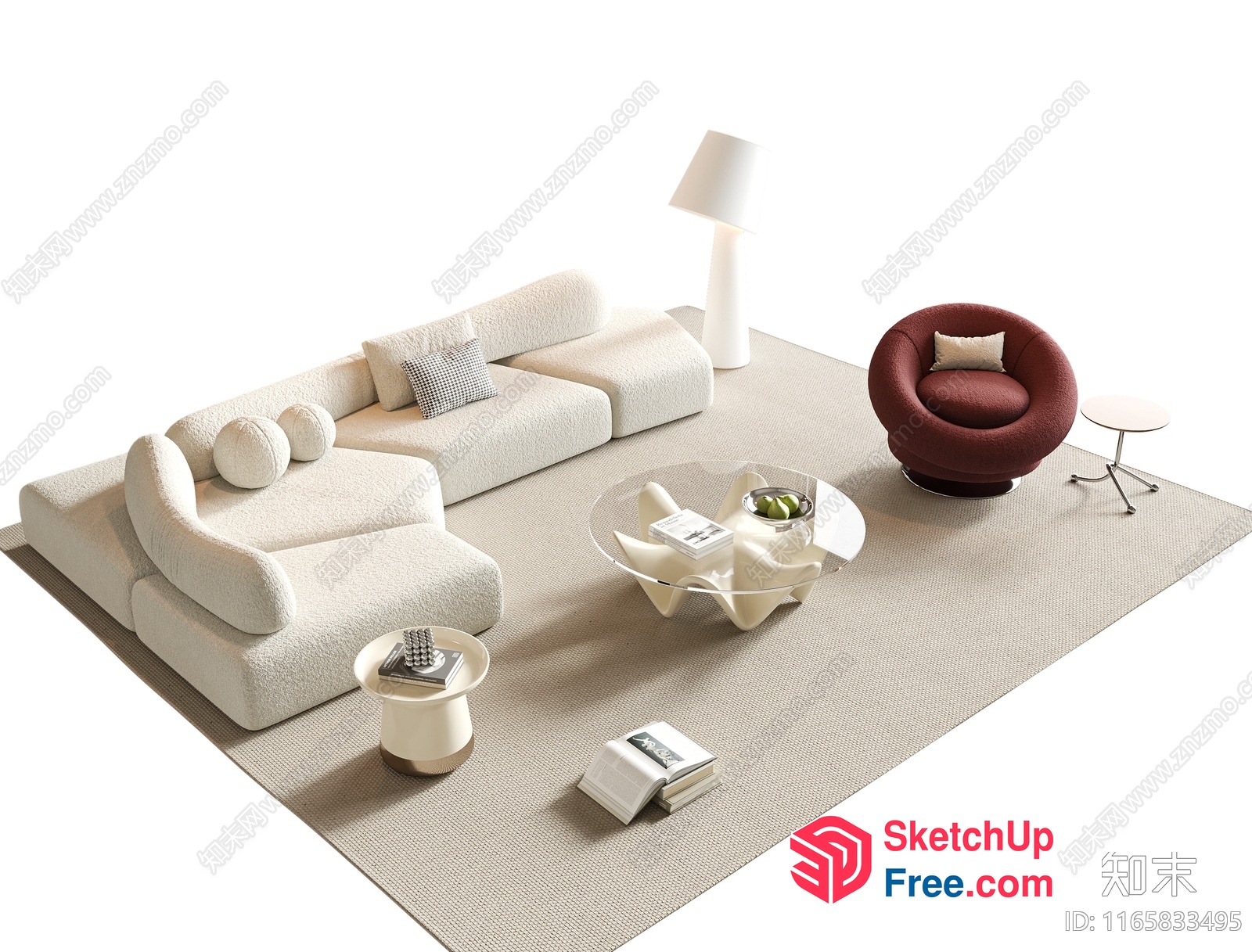 Modern Living Room With Creamy Style Furniture And Decor 3D SketchUp File