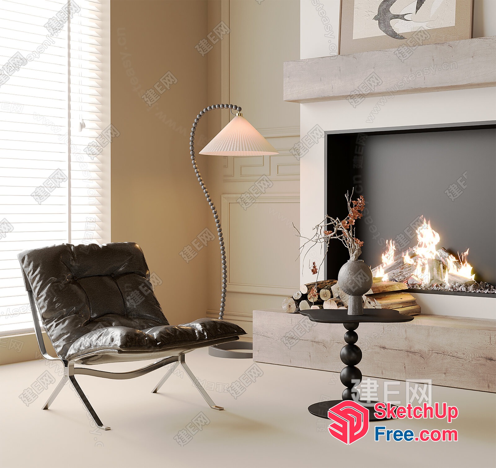 Cozy Modern Fireplace And Leather Chair Interior 3D SketchUp File