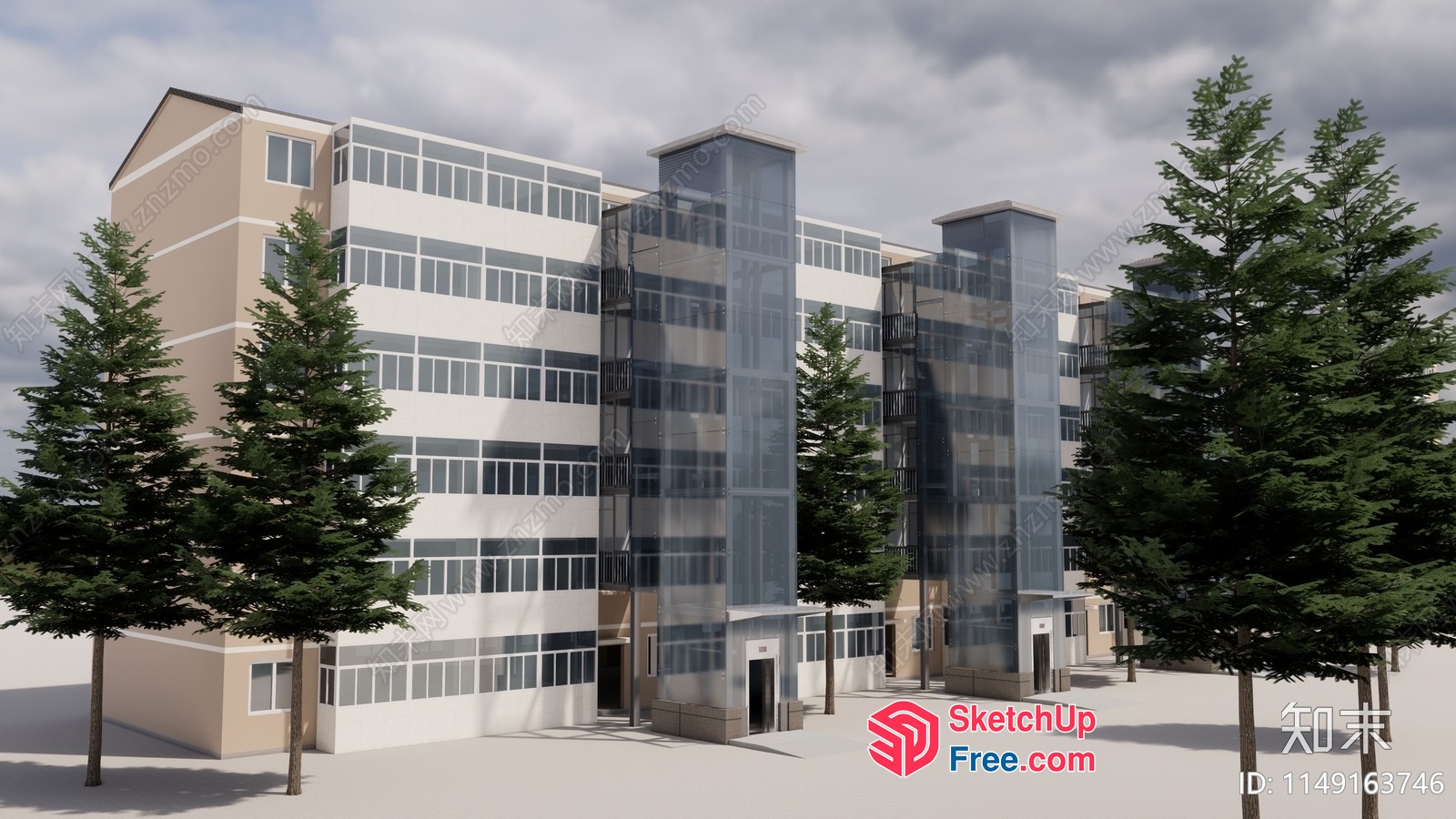 Modern Apartment Building With Elevators And Glass Curtain Walls 3D SketchUp File