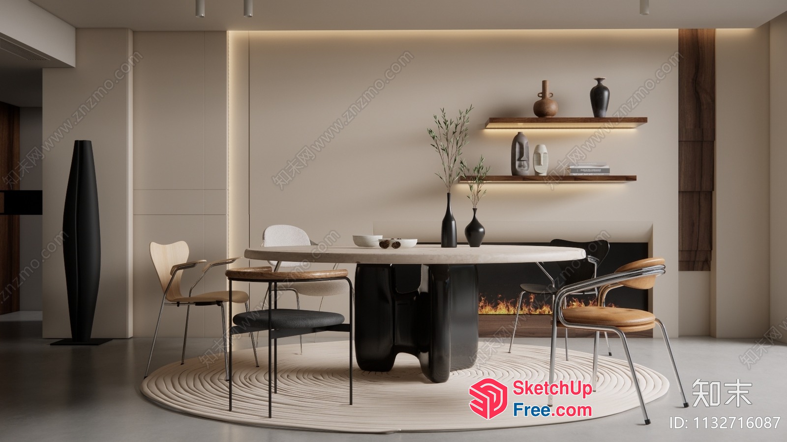Modern Minimalist Dining Room With White Table And Chairs 3D SketchUp File
