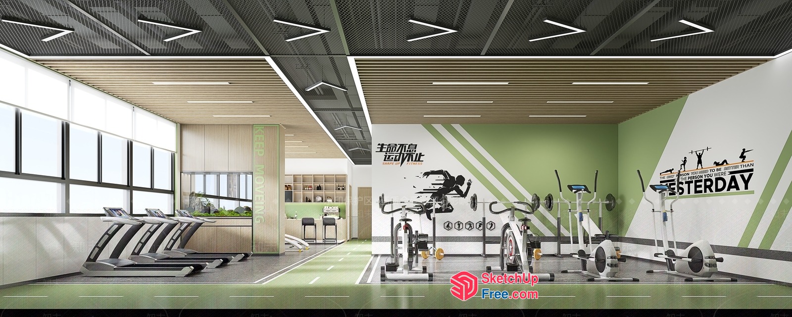 Modern Gym Interior With Fitness Equipment And Motivational Quote 3D SketchUp File