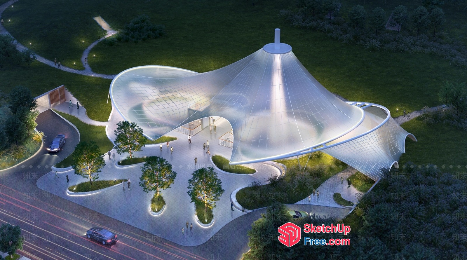 Futuristic Building With Curved Roof And Glass Walls 3D SketchUp File