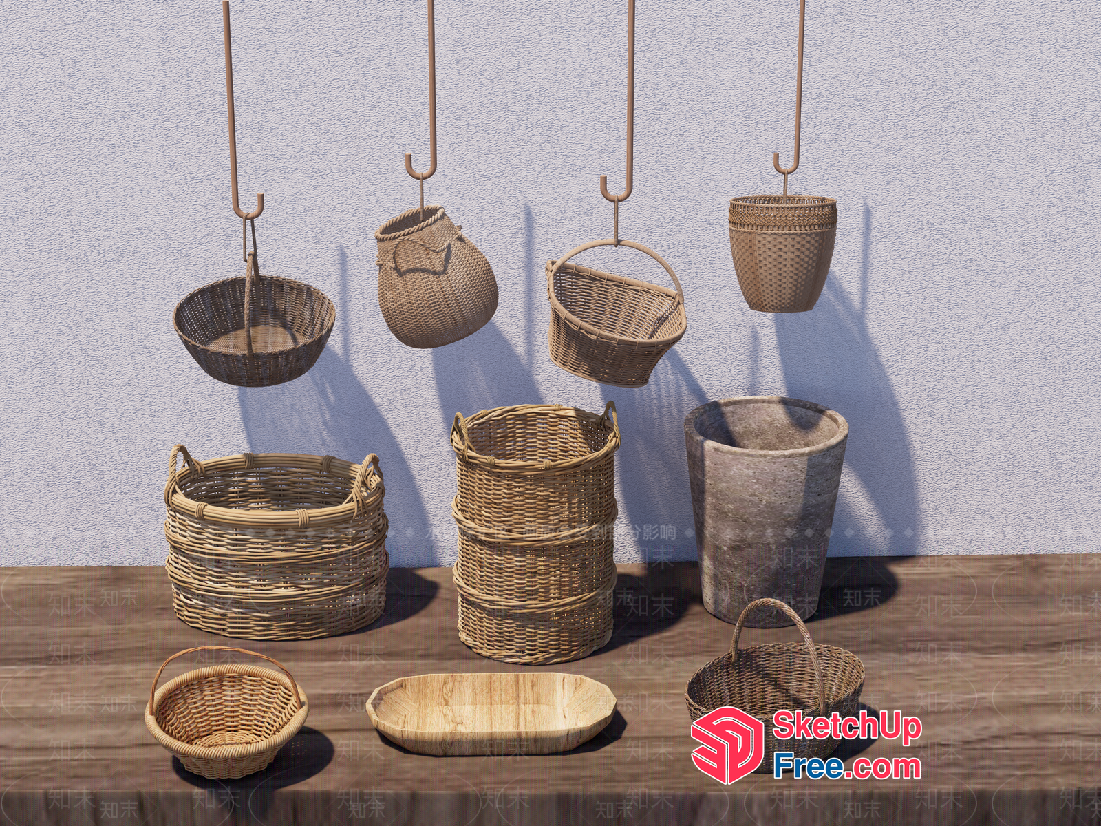 Wicker Baskets And Pots On Wooden Table 3D SketchUp File