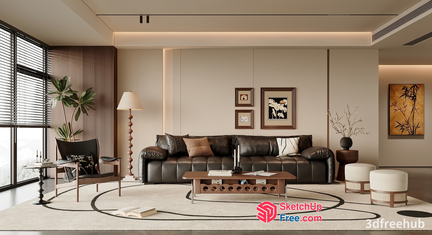 Modern Living Room With Dark Leather Sofa And Neutral Color Scheme 3D SketchUp File