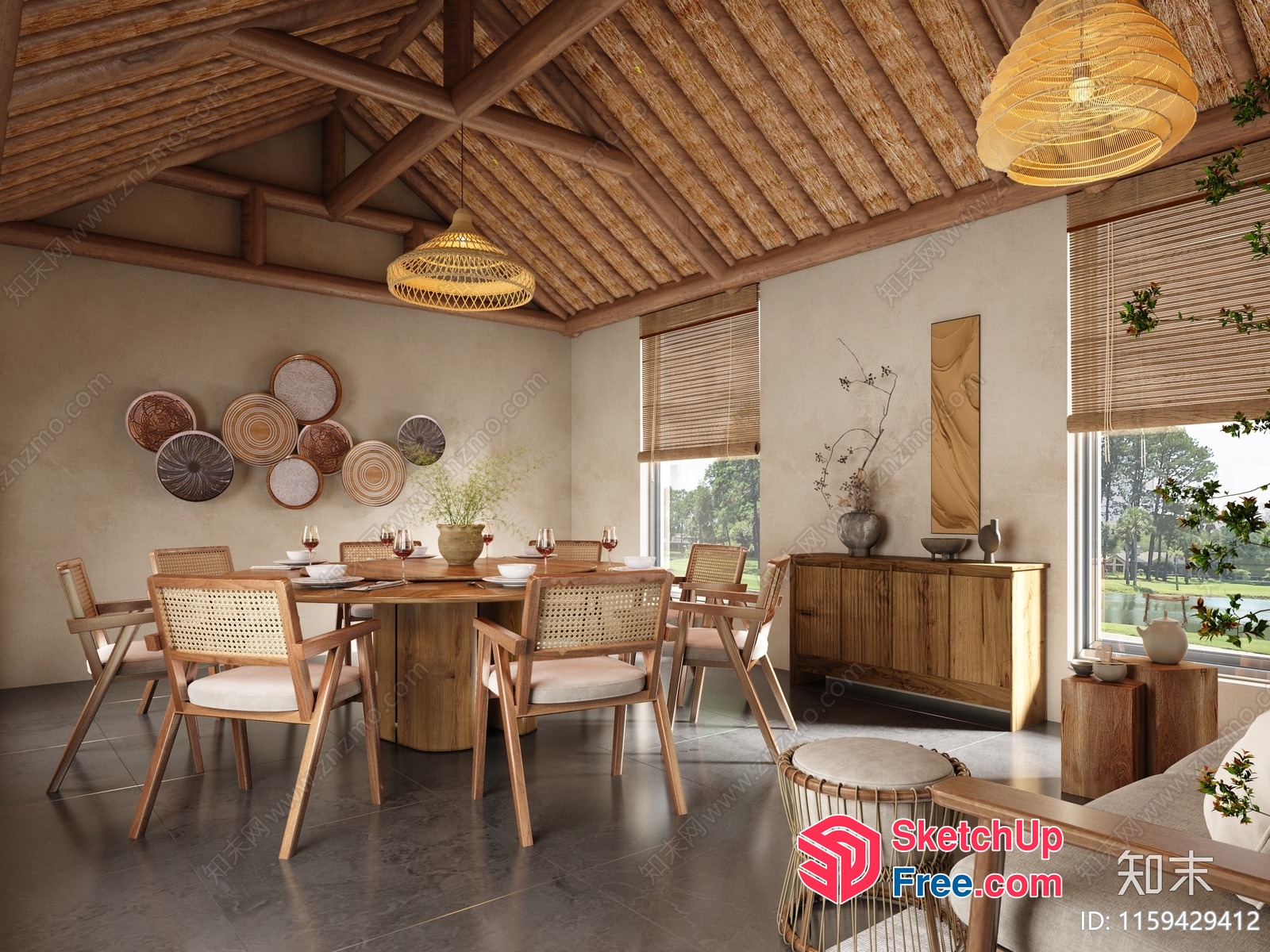 Natural Wooden Dining Room With Rattan Furniture And Rustic Ceiling 3D SketchUp File