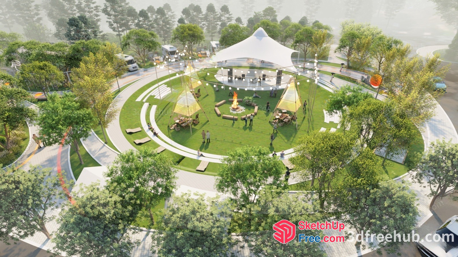 Modern Outdoor Pavilion With Fire Pit And Seating 3D SketchUp File