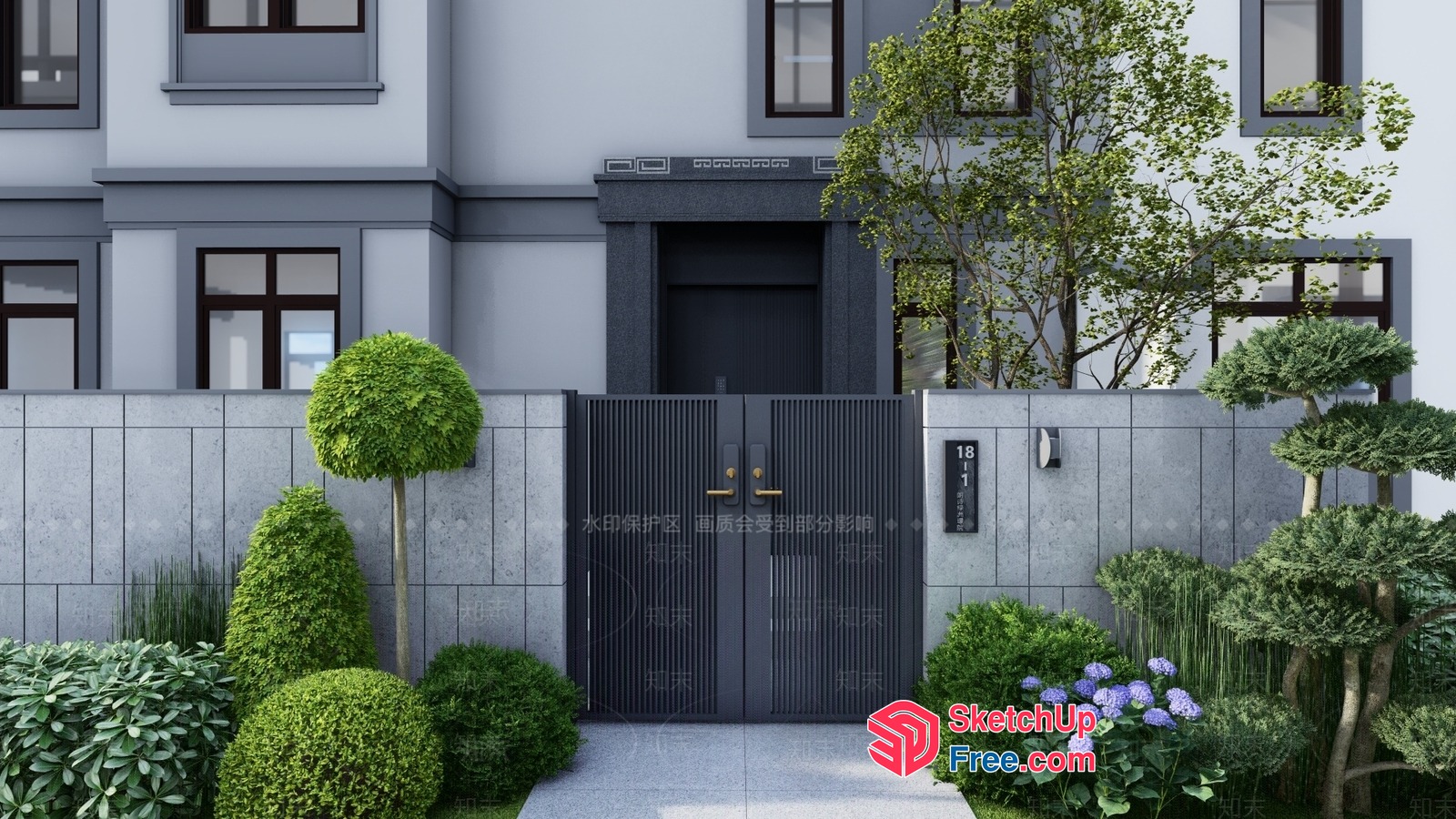 Elegant Grey Exterior Villa With Modern Door And Windows 3D SketchUp File