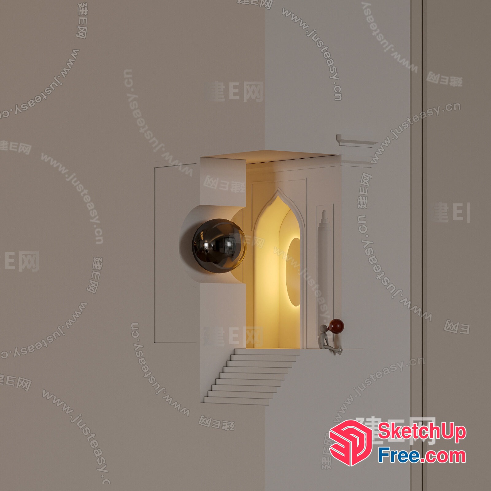 Elegant Staircase With Glass Ball And Arched Doorway 3D SketchUp File