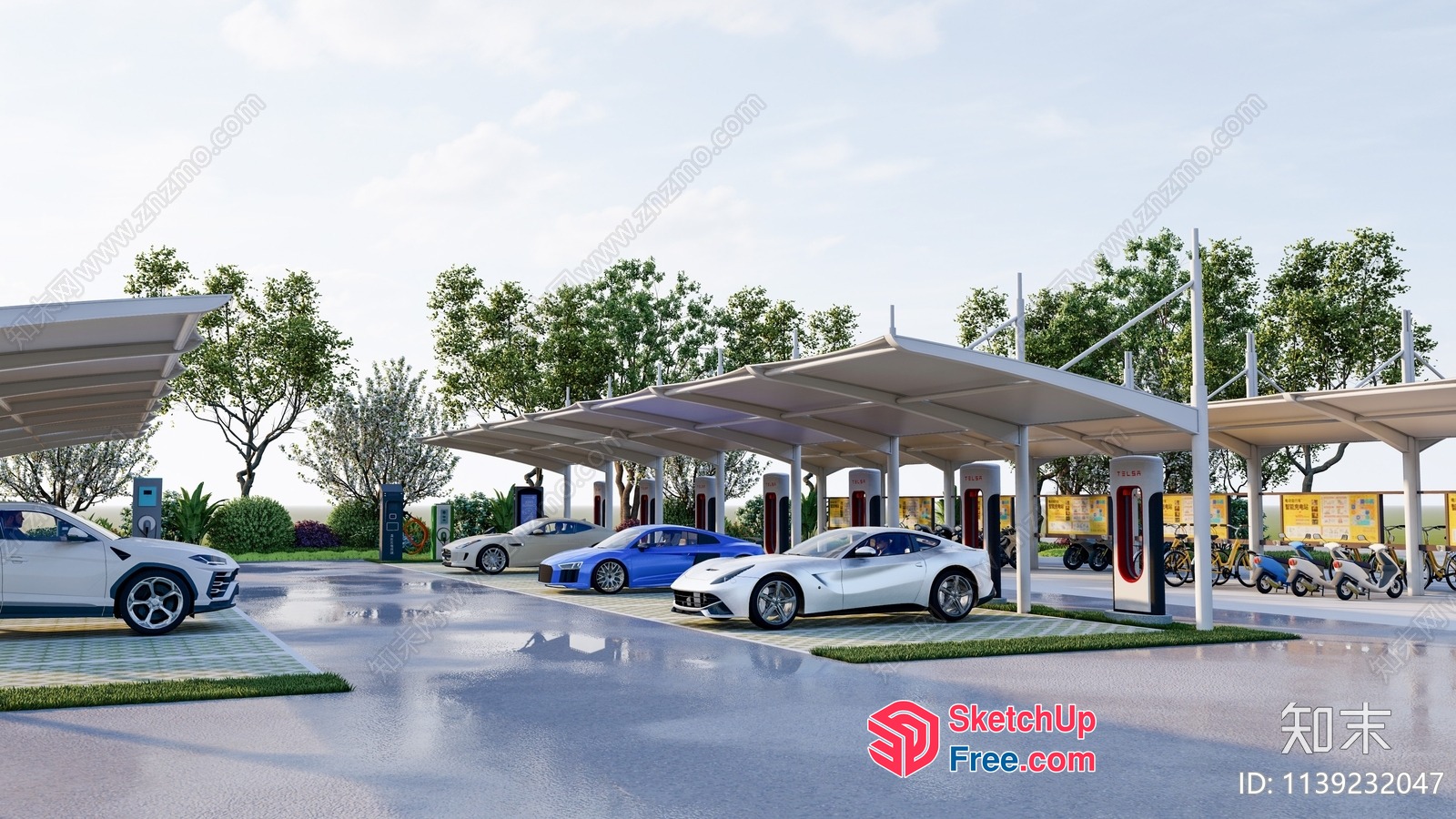 Modern Gas Station With Sleek Canopies And Electric Vehicle Charging Stations 3D SketchUp File