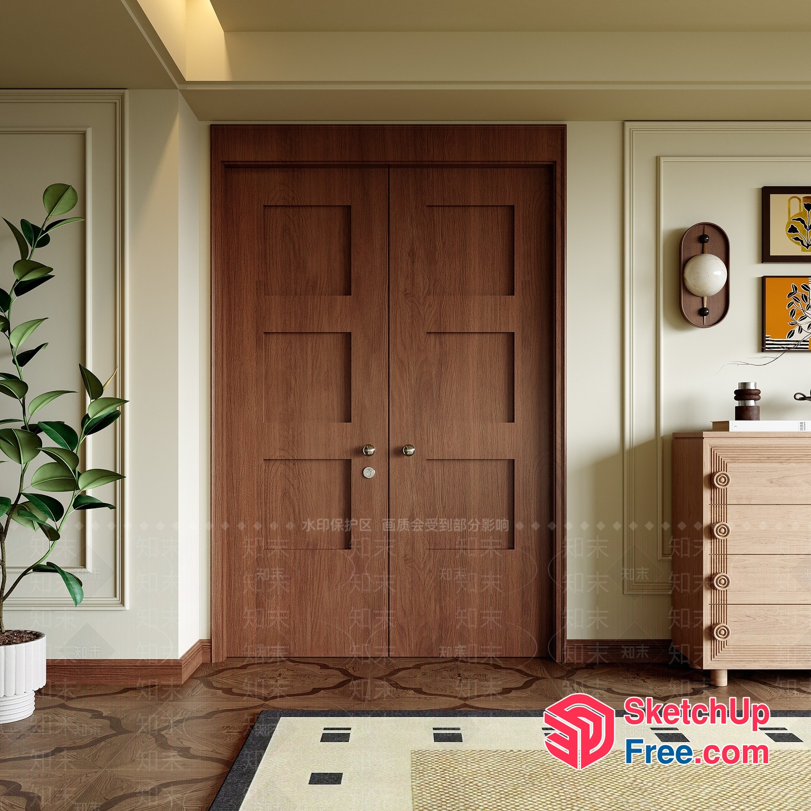 Wooden Double Doors In A Modern Interior 3D SketchUp File